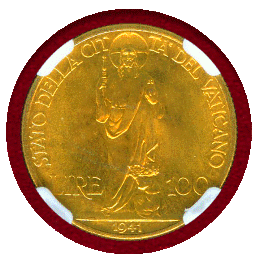 バチカン市国 1941/Ⅲ 100リレ 金貨 ピウス12世 NGC MS66