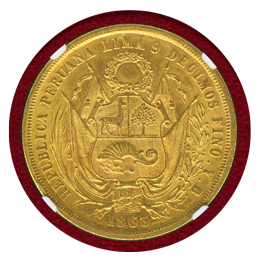 ペルー 1863年 20ソル金貨 女神座像 NGC MS61