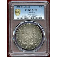 メキシコ 1758Mo MM 8レアル銀貨  ピラーダラー PCGS XF45