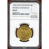 【SOLD】チェコスロバキア 1929年 4ダカット金貨 建国10周年 NGC MS63