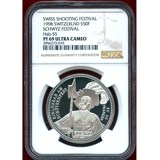 スイス 現代射撃祭 1998年 50フラン 銀貨 シュヴィーツ NGC PF69UCAM