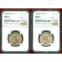 イタリア 1914R 2リレ 銀貨 2枚セット クァドリガ NGC MS64/MS63