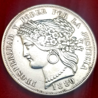 ペルー 1880BF 5ペセタ 銀貨 女神
