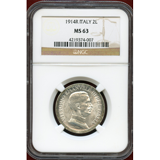 イタリア 1914R 2リレ銀貨 エマヌエレ3世 クァドリガ NGC MS63