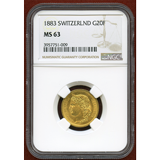 【SOLD】スイス 1883年 20フラン 金貨 ヘルヴェティア NGC MS63