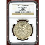 ワイマール共和国 1927A 5マルク 銀貨 ブレーマーハーフェン NGC MS64