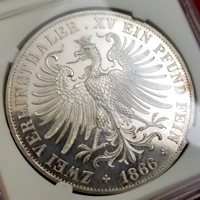 【SOLD】ドイツ フランクフルト 1866年 2ターラー 銀貨 フランコニア PF65CAMEO