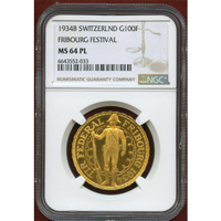 スイス 近代射撃祭 1934B 100フラン 金貨 フリブール NGC MS64PL