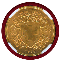 【SOLD】スイス 1916B 20フラン 金貨 アルプスと少女(ヘルベティア) NGC MS65