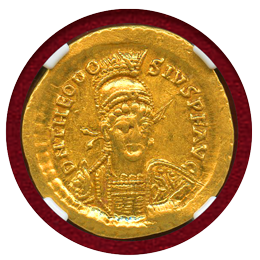 【SOLD】東ローマ帝国 402-450年 ソリダス金貨 テオドシウス2世 ChAU 5/5,5/5