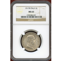 イタリア 1917R 2リレ銀貨 エマヌエレ3世 クァドリガ NGC MS63