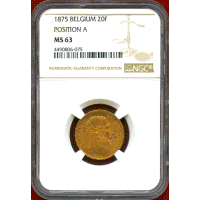 【SOLD】ベルギー 1875年 20フラン 金貨 レオポルド2世 NGC MS63
