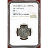 サンマリノ 1933R PROVA(試作) 5リレ 銀貨 NGC MS64