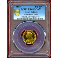 イギリス 1893年 1/2ソブリン 金貨 ヴィクトリア オールドヘッド PCGS PR63DCAM