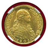 スペイン 1801M FA/MF 2エスクード金貨 カルロス4世 NGC MS63