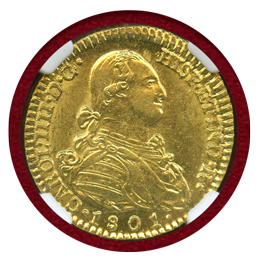 スペイン 1801M FA/MF 2エスクード金貨 カルロス4世 NGC MS63