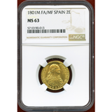 スペイン 1801M FA/MF 2エスクード金貨 カルロス4世 NGC MS63