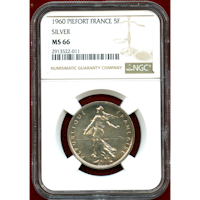 【SOLD】フランス 1960年 5フラン 銀貨 ピエフォー種まく女性 NGC MS66