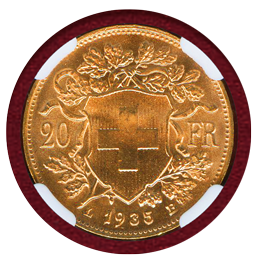 【SOLD】スイス 1935LB 20フラン金貨 アルプスと少女 NGC MS66