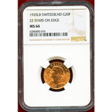 【SOLD】スイス 1935LB 20フラン金貨 アルプスと少女 NGC MS66