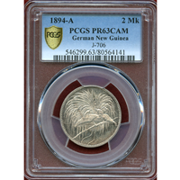 独領ニューギニア 1894A 2マルク 銀貨 極楽鳥 PCGS PR63CAM