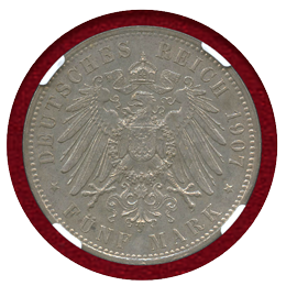 ドイツ ザクセン 1907E 5マルク 銀貨 フリードリヒ・アウグスト3世 NGC UNC DETA